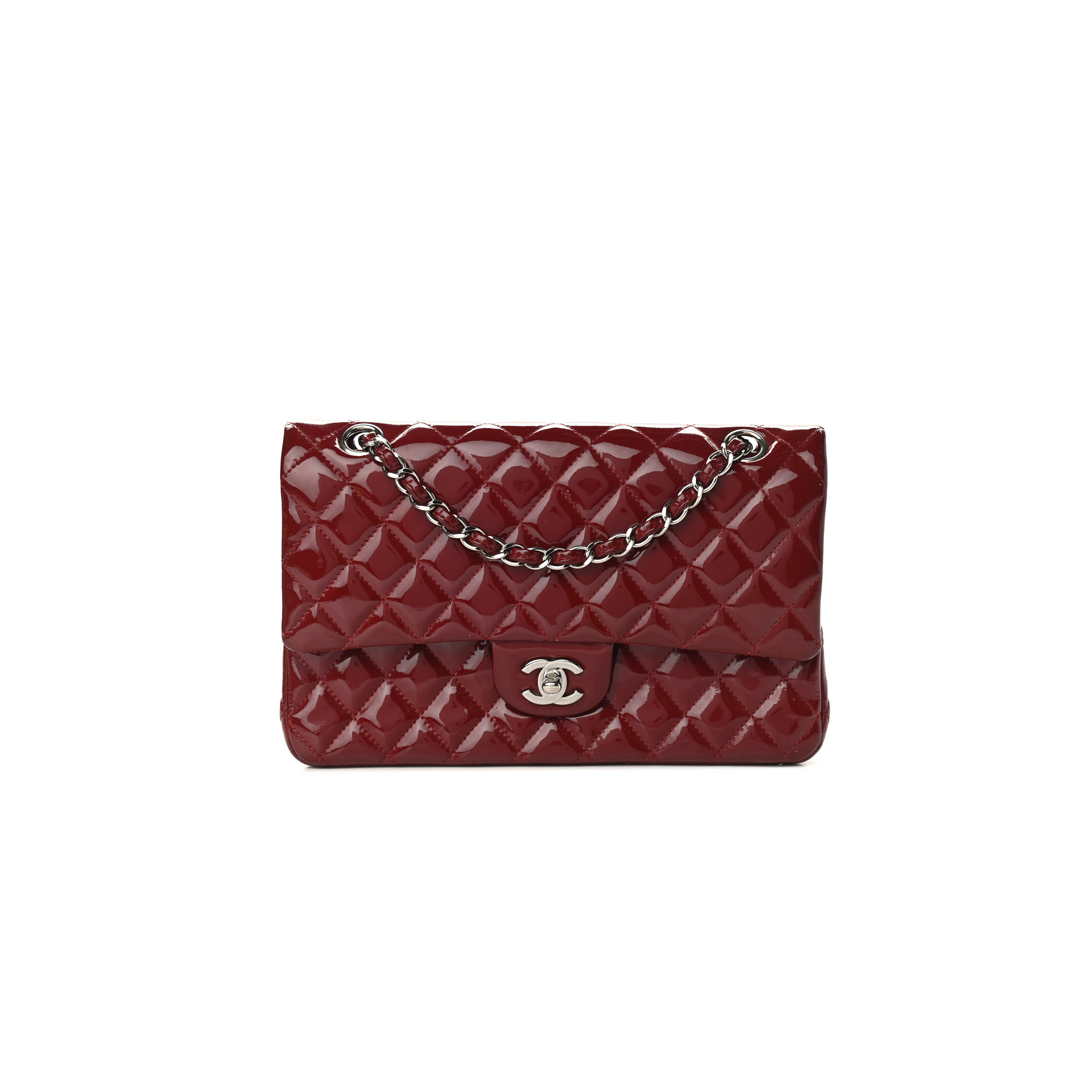 CHANEL PATENT CALFSKIN QUILTED MEDIUM DOUBLE FLAP DARK RED A01112 (25*15*6cm)